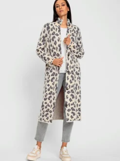 Manteau en tricot à col montant et motifs léopard avec boutons et poches latérales