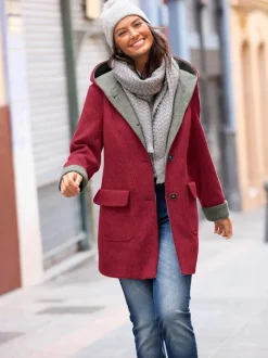 Manteau imitation laine avec capuche et poches plaquées