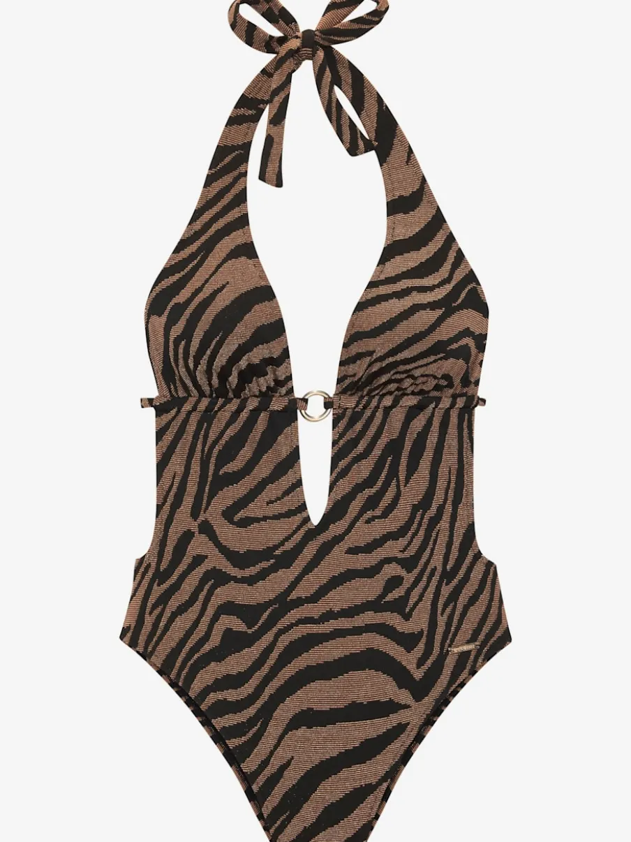 Monokini à col en V avec motifs animaliers et matière structurée brillante
