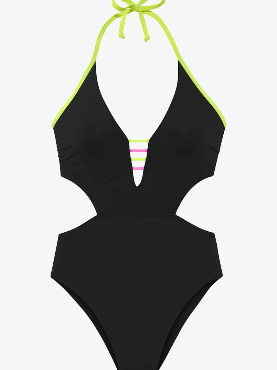 Monokini à col V avec détails fluos contrastés et découpes