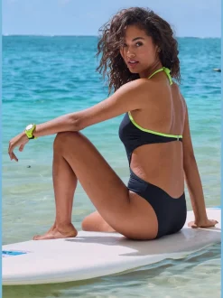 Monokini à col V avec détails fluos contrastés et découpes