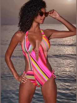 Monokini graphique à col plongeant et bonnets amovibles