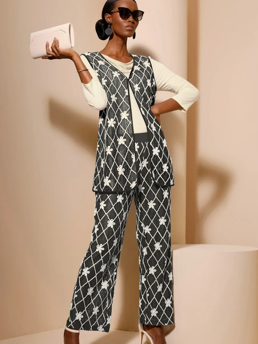 Pantalon avec motifs losanges et fleurs à ceinture élastique