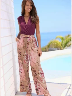 Pantalon à ceinture élastique avec poches latérales imprimé fleuri