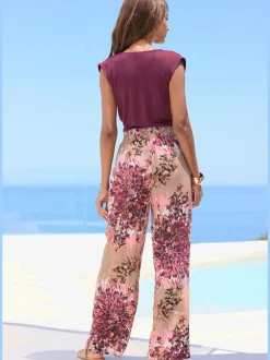 Pantalon à ceinture élastique avec poches latérales imprimé fleuri