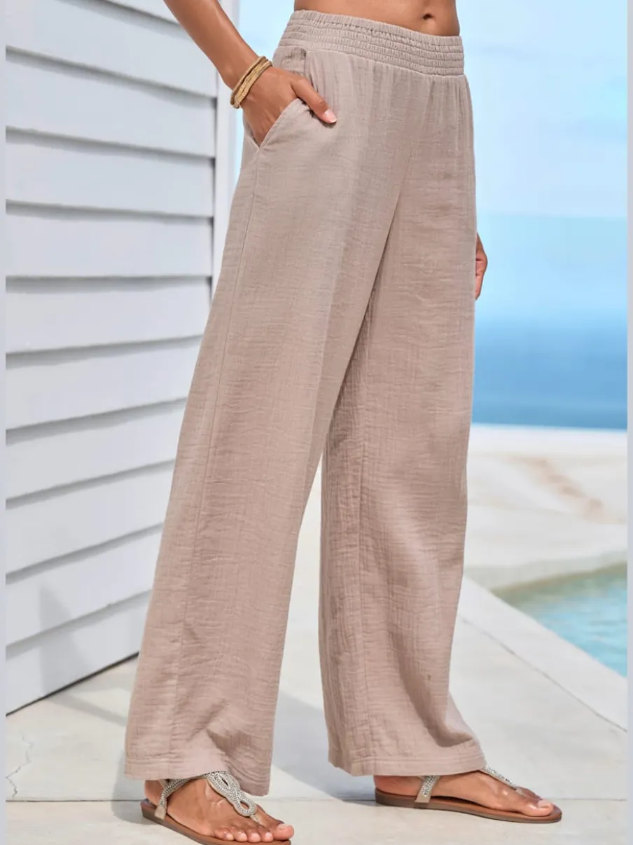 Pantalon de plage léger en pur coton à taille élastique