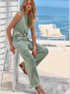 Pantalon de plage léger en pur coton à taille élastique