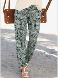 Pantalon de plage léger à imprimé ethnique avec poches latérales