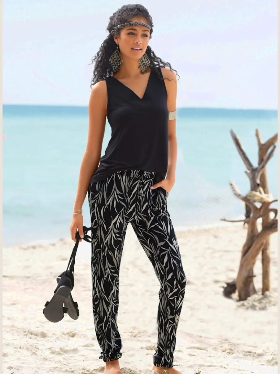Pantalon de plage léger à imprimé feuillage avec ceinture élastique