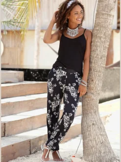 Pantalon de plage léger à motifs floraux avec ceinture élastique