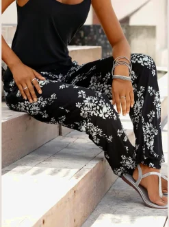 Pantalon de plage léger à motifs floraux avec ceinture élastique