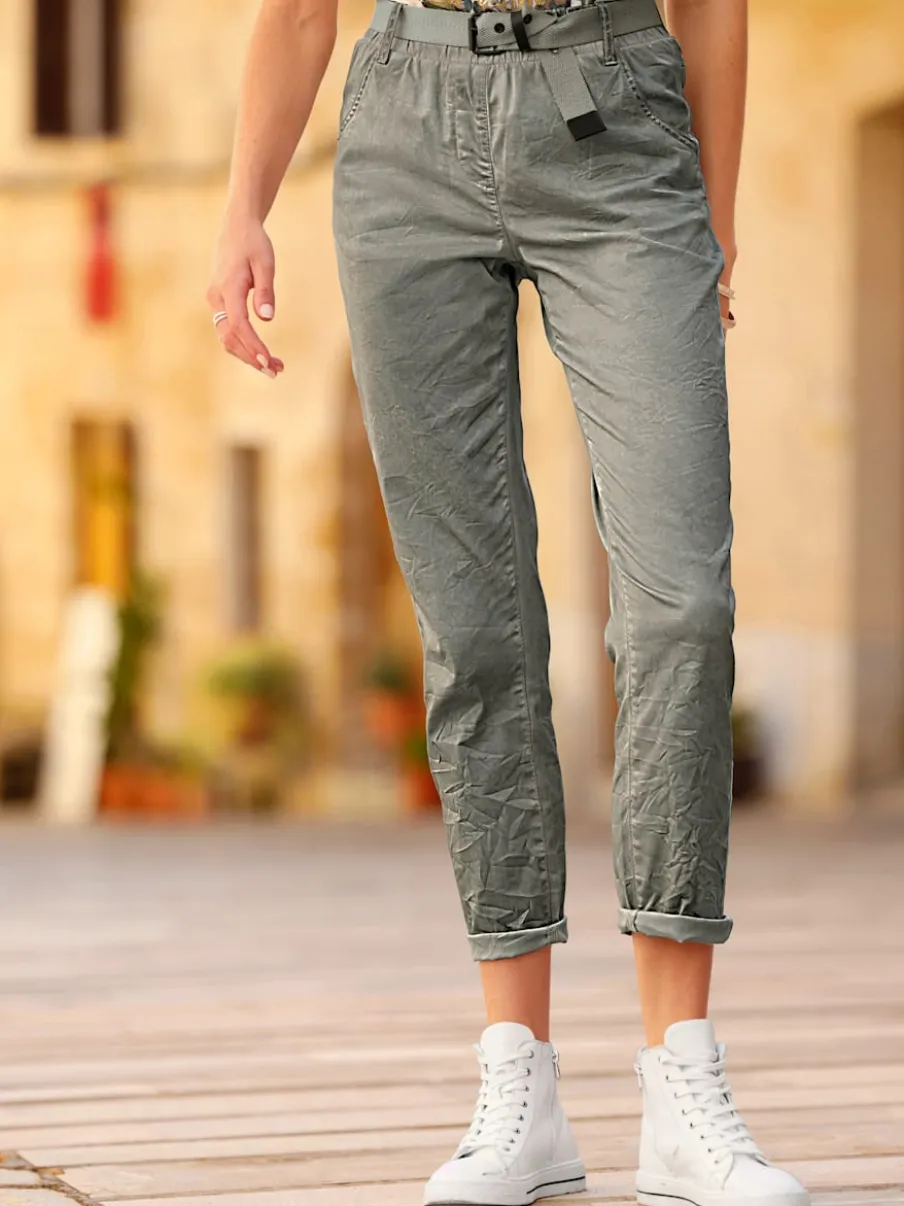 Pantalon délavé à taille élastique avec ceinture et poches