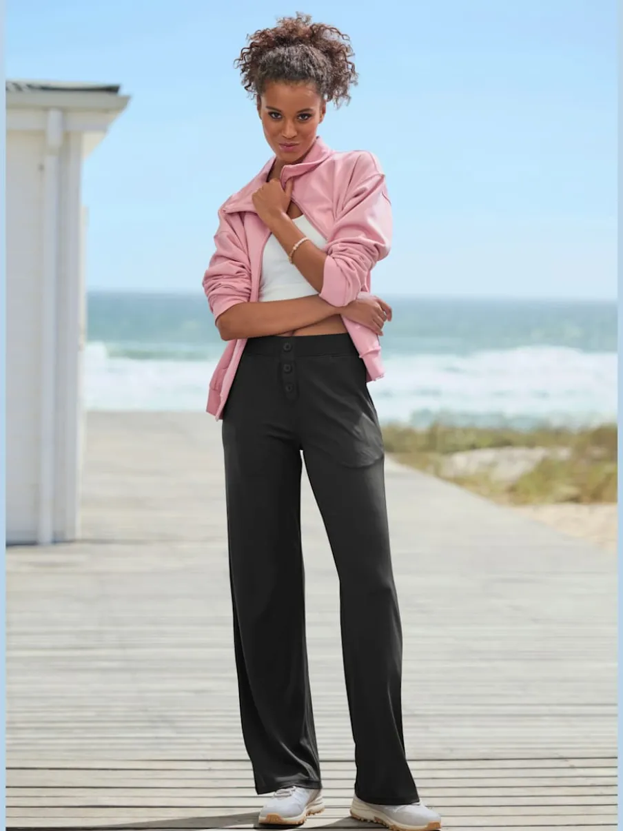 Pantalon détente en matière douce avec jambes droites et patte de boutonnage