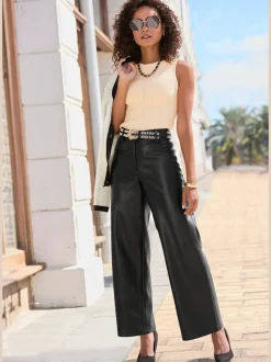 Pantalon en imitation cuir à poches décoratives et jambes larges