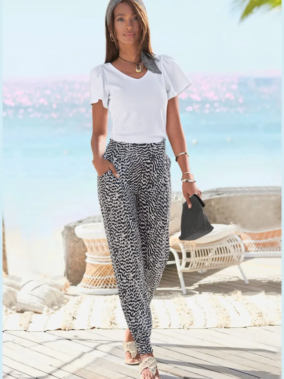 Pantalon en jersey léger avec ceinture élastique et imprimé géométrique