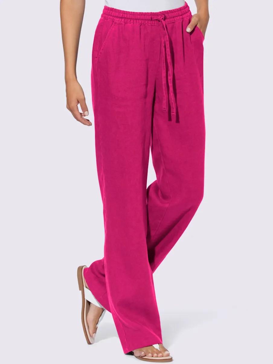 Pantalon en lin avec jambes larges et ceinture élastique