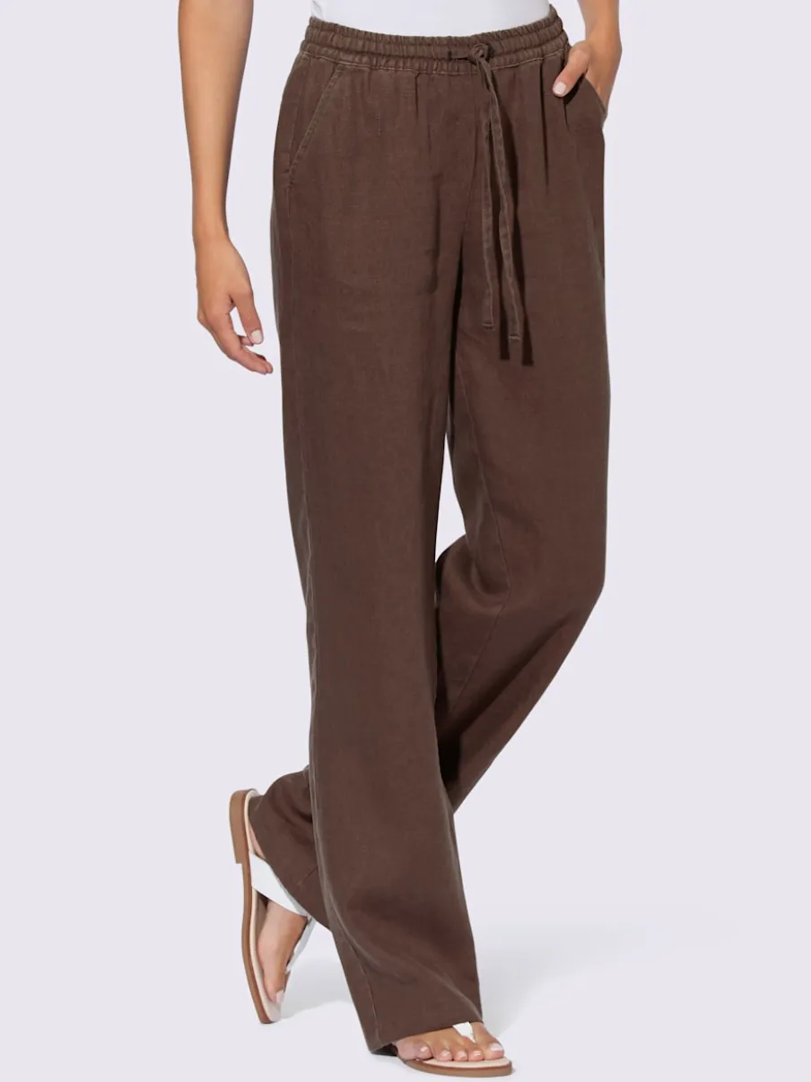 Pantalon en lin avec jambes larges et ceinture élastique