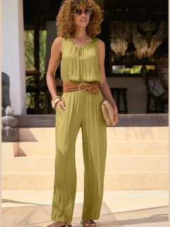 Pantalon à large ceinture élastique avec jambes plissées et poches latérales