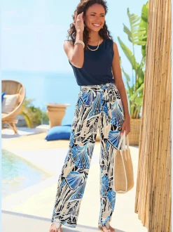 Pantalon à large ceinture élastique avec ceinture à nouer et imprimé floral