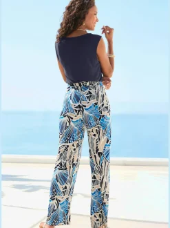 Pantalon à large ceinture élastique avec ceinture à nouer et imprimé floral