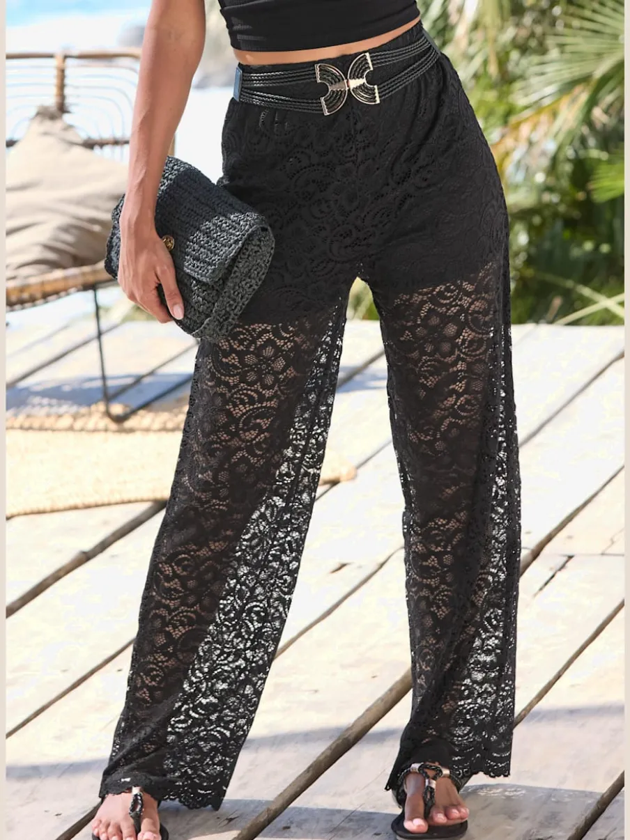 Pantalon large en dentelle avec ceinture élastique et jambes décontractées