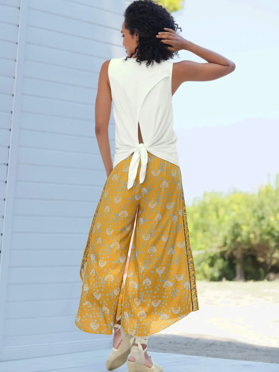 Pantalon large fluide imprimé coquillage à ceinture élastique