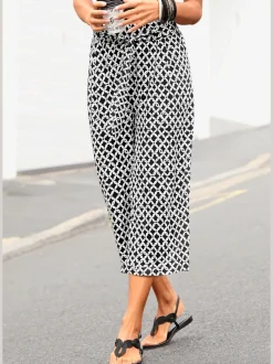 Pantalon large jupe-culotte en jersey imprimé avec ceinture à nouer