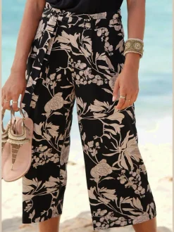 Pantalon large jupe-culotte à motif floral avec ceinture