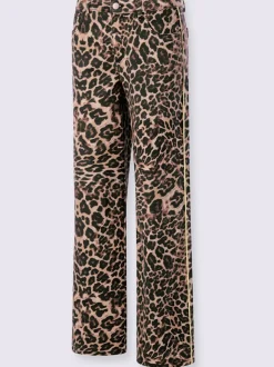 Pantalon large motif léopard avec passepoils contrastés
