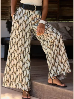 Pantalon large à motifs avec ceinture smockée et poches latérales