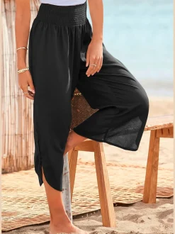 Pantalon léger à large ceinture avec fentes arrondies