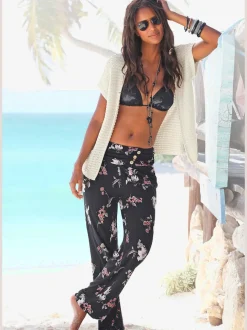 Pantalon léger à motif floral avec ceinture large et poches latérales
