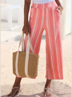 Pantalon 7/8 pantalon décontracté avec bords-côtes smockés extra-larges à rayures