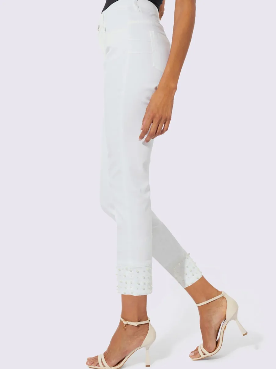 Pantalon 5 poches denim effet modelant agrémenté de perles