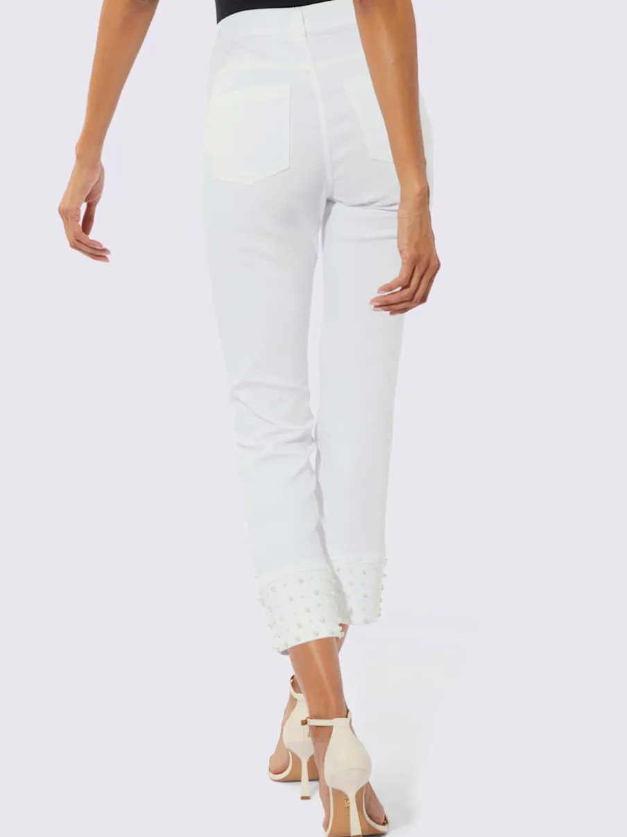 Pantalon 5 poches denim effet modelant agrémenté de perles