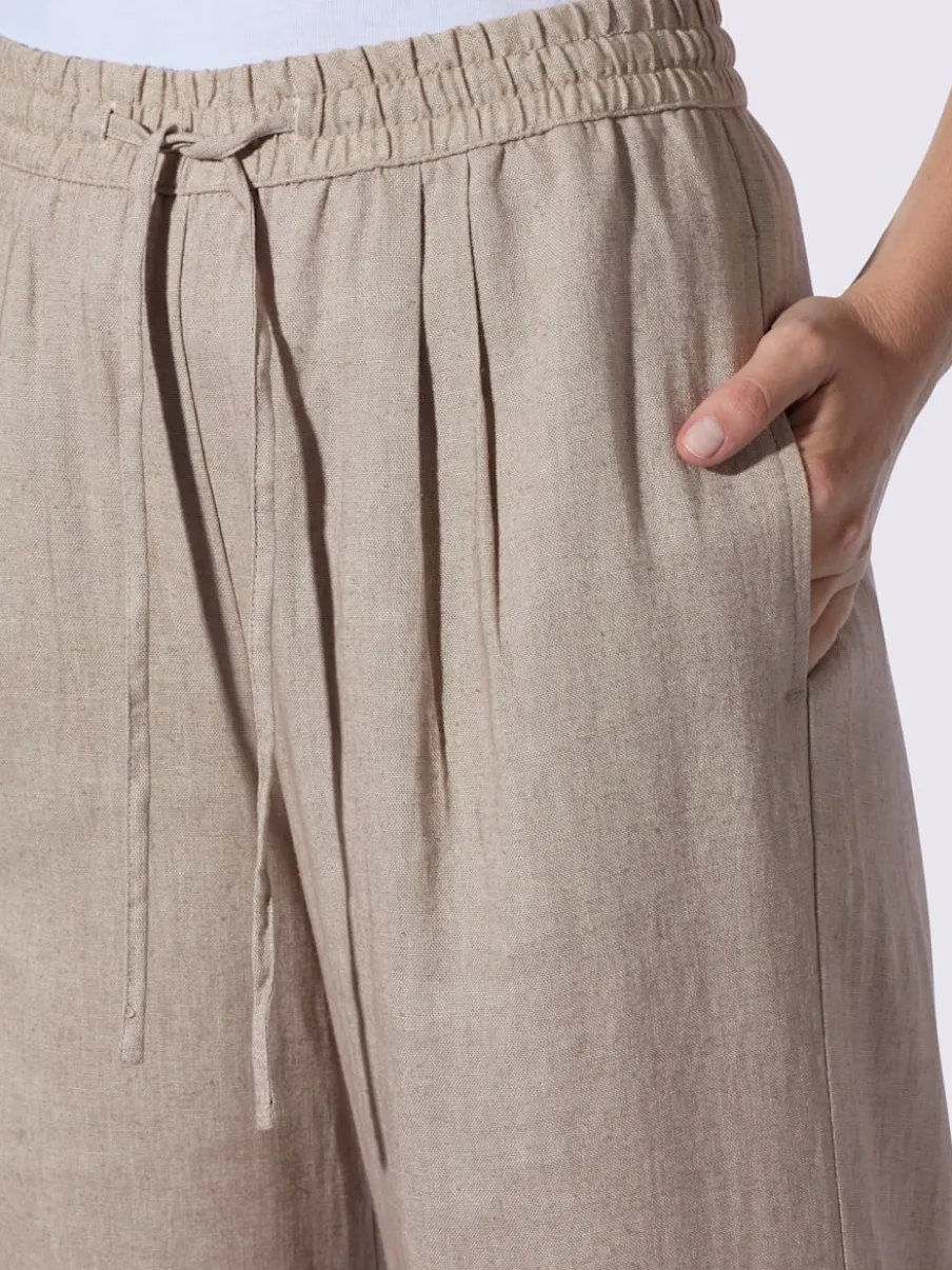 Pantalon taille haute en lin avec ceinture élastique et pinces