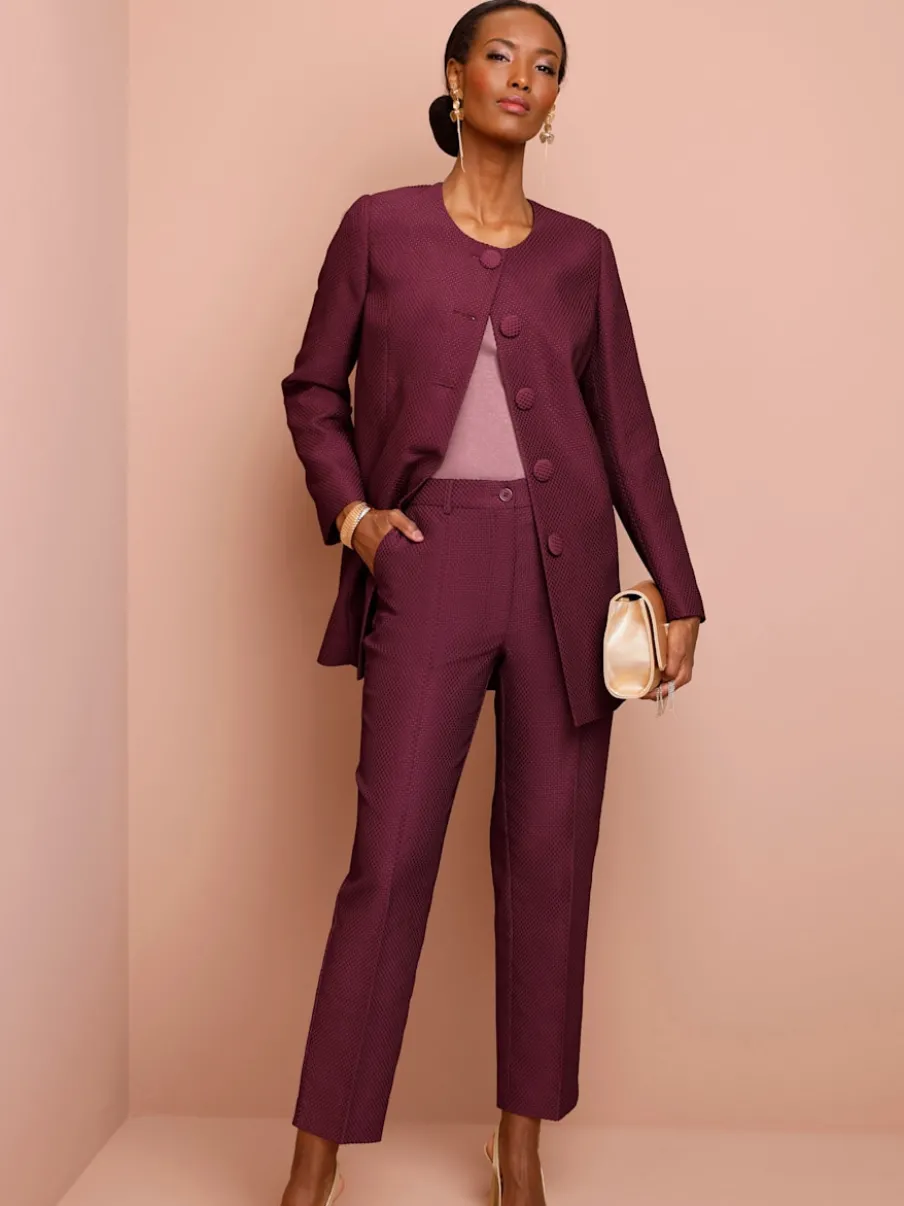 Pantalon tailleur ajusté en jacquard avec ceinture et poches latérales