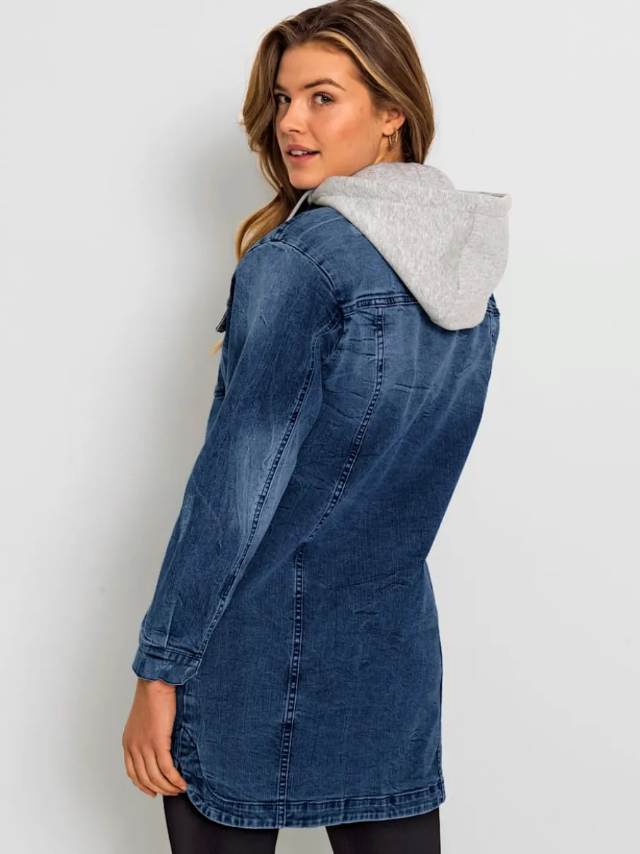 Parka en jean à capuche et poches pratiques