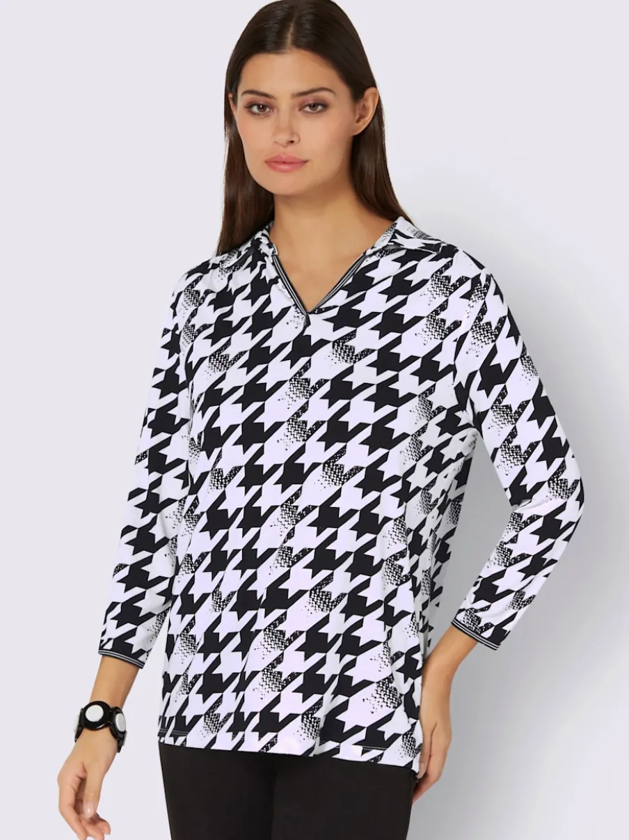 Polo fluide à col V avec motif géométrique en viscose