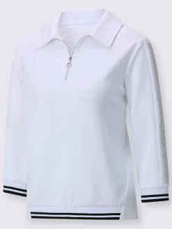 Polo à manches 3/4 avec col zippé et bords-côtes rayés