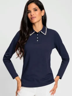 Polo à manches longues avec col boutonné et pierres fantaisie