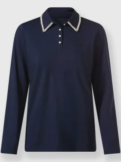 Polo à manches longues avec col boutonné et pierres fantaisie