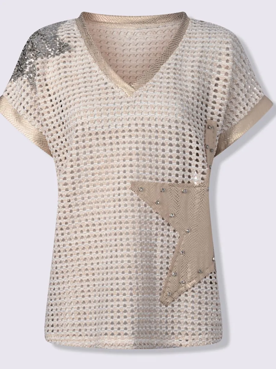 Pull ajouré avec col en V et manches courtes à motif ajouré