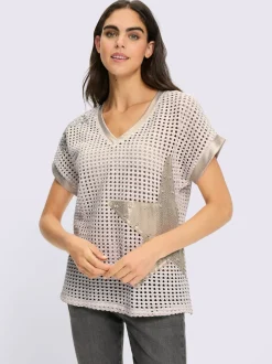 Pull ajouré avec col en V et manches courtes à motif ajouré