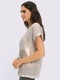 Pull ajouré avec col en V et manches courtes à motif ajouré
