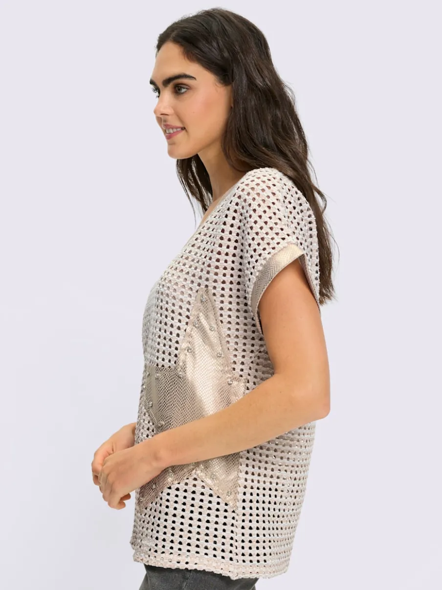 Pull ajouré avec col en V et manches courtes à motif ajouré