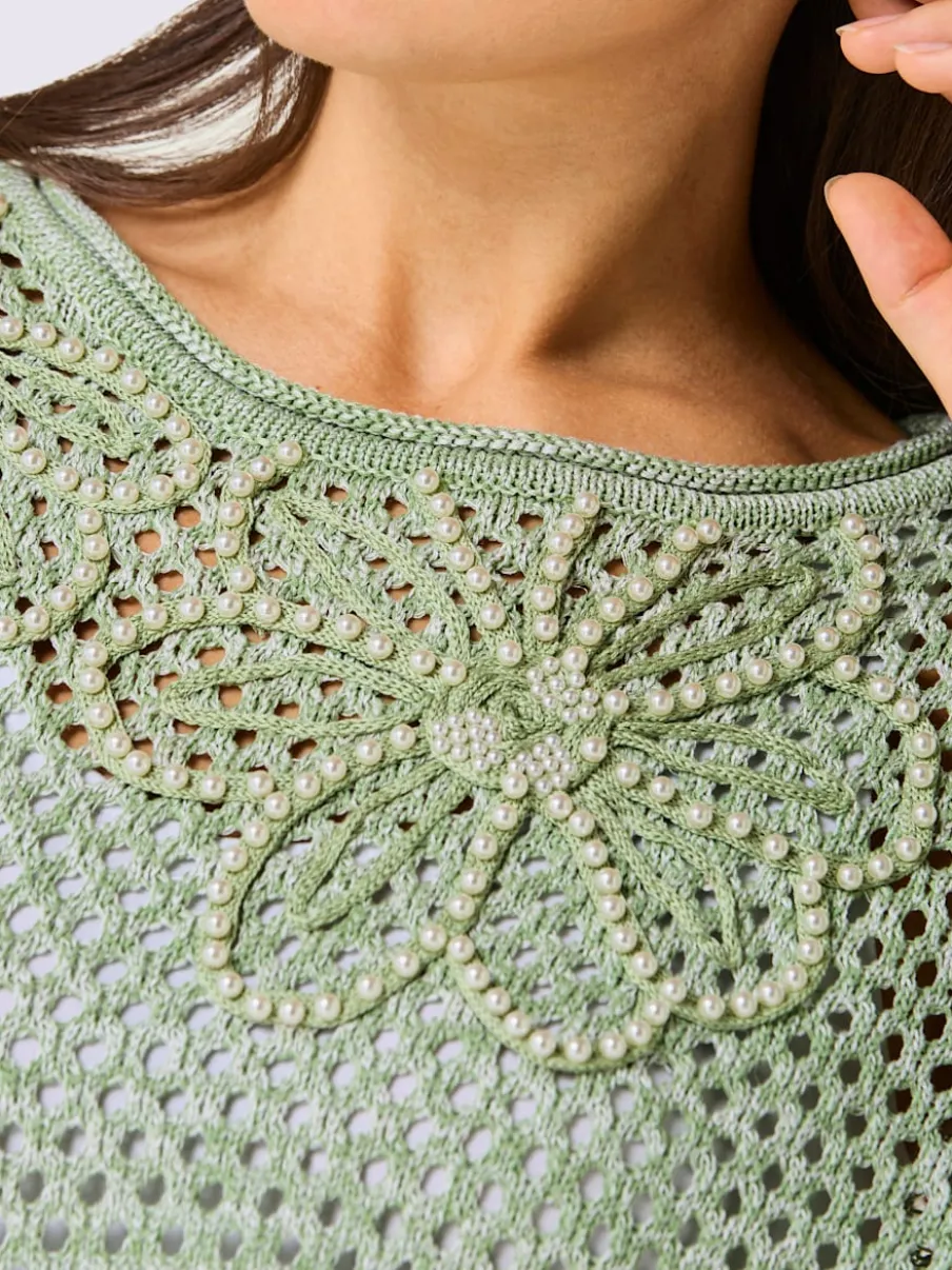 Pull ajouré avec col rond et manches longues brodé
