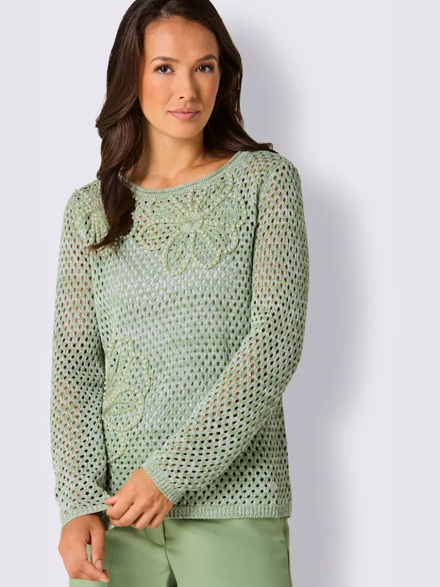 Pull ajouré avec col rond et manches longues brodé