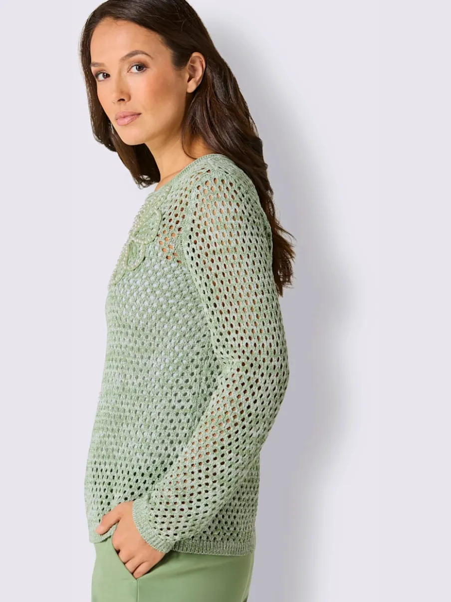 Pull ajouré avec col rond et manches longues brodé
