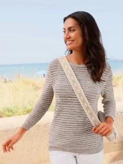 Pull ajouré à col en U manches trois quarts côtelé